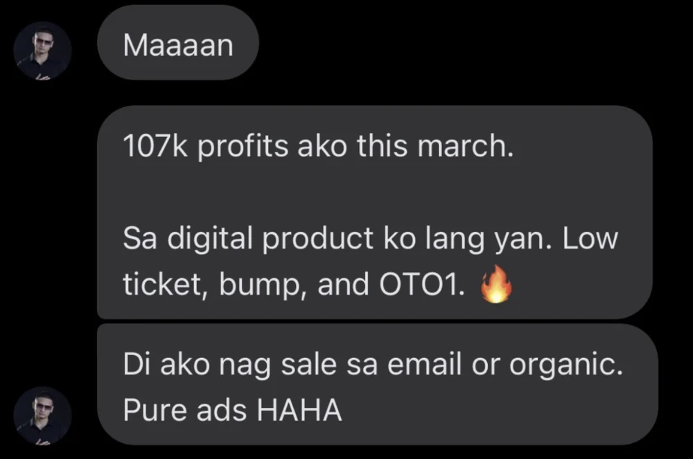 Chat message: 107k profits this March from one digital product, low ticket, bump and OTO1, pure ads