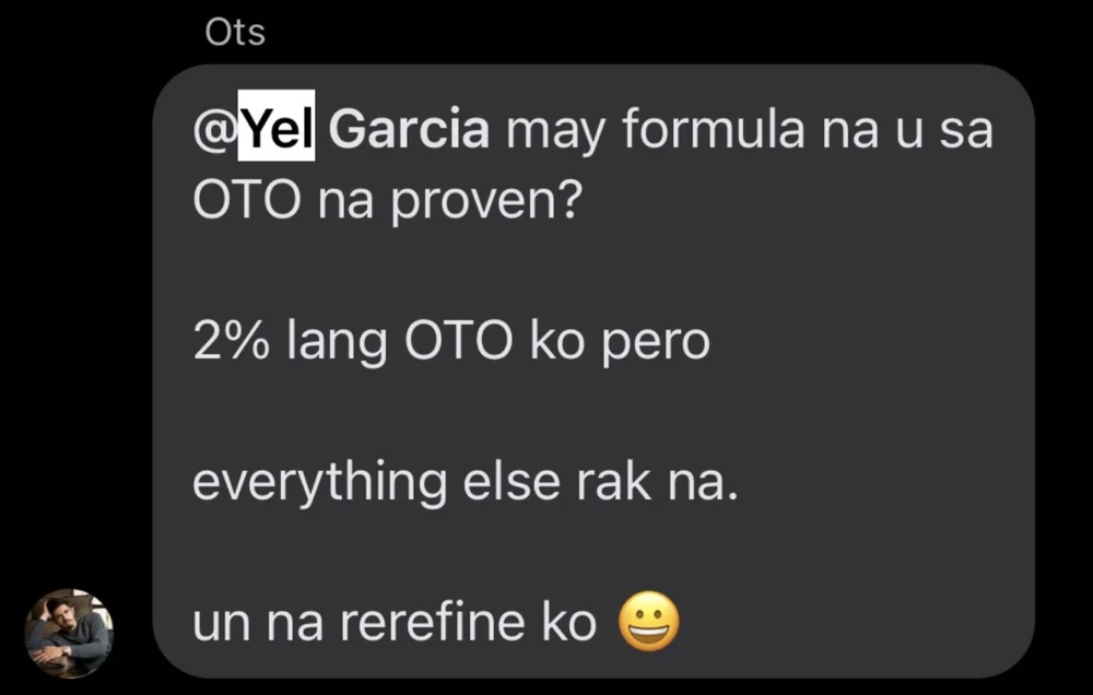 Chat message: my OTO is only at 2% but everything else is working, that's what I'm refining
