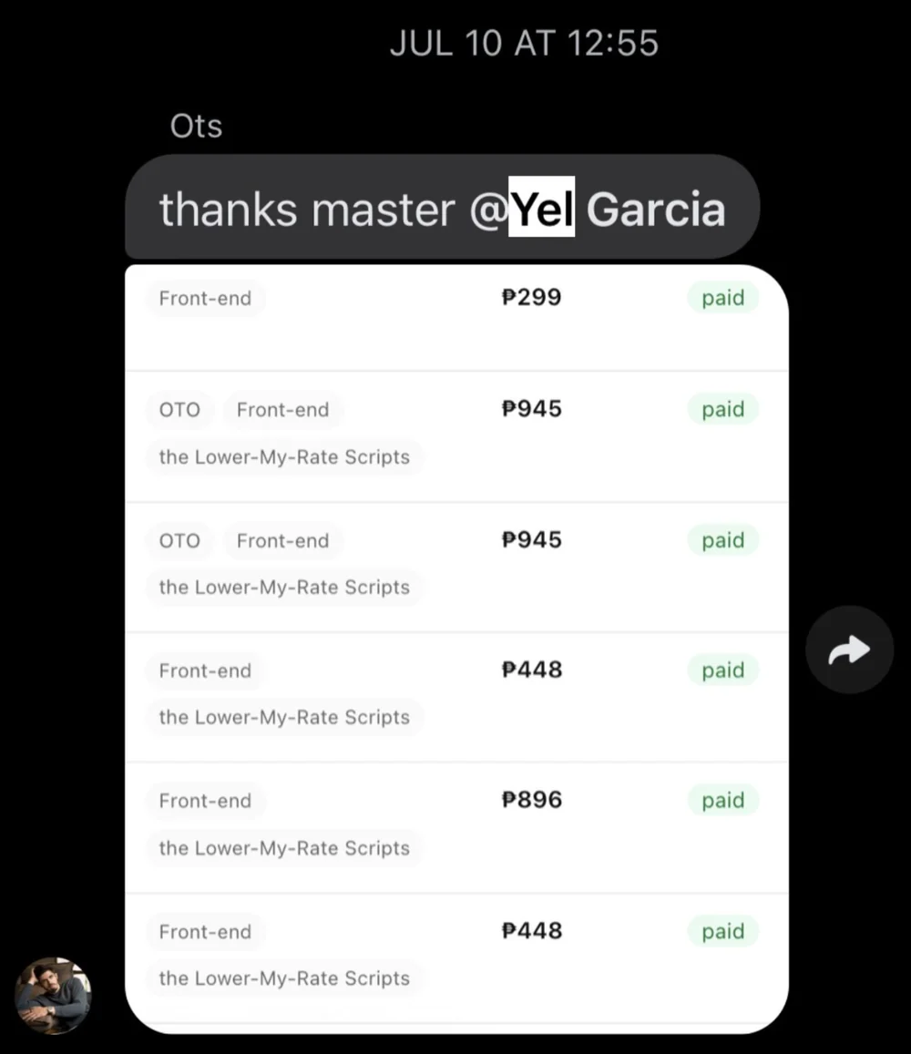 Chat message thanking Yel with a list of paid front-end and OTO orders