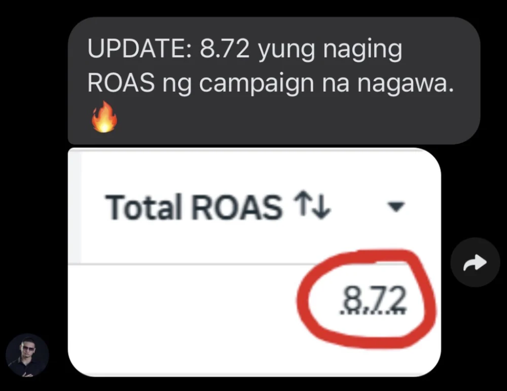 Chat message: the campaign reached a total ROAS of 8.72